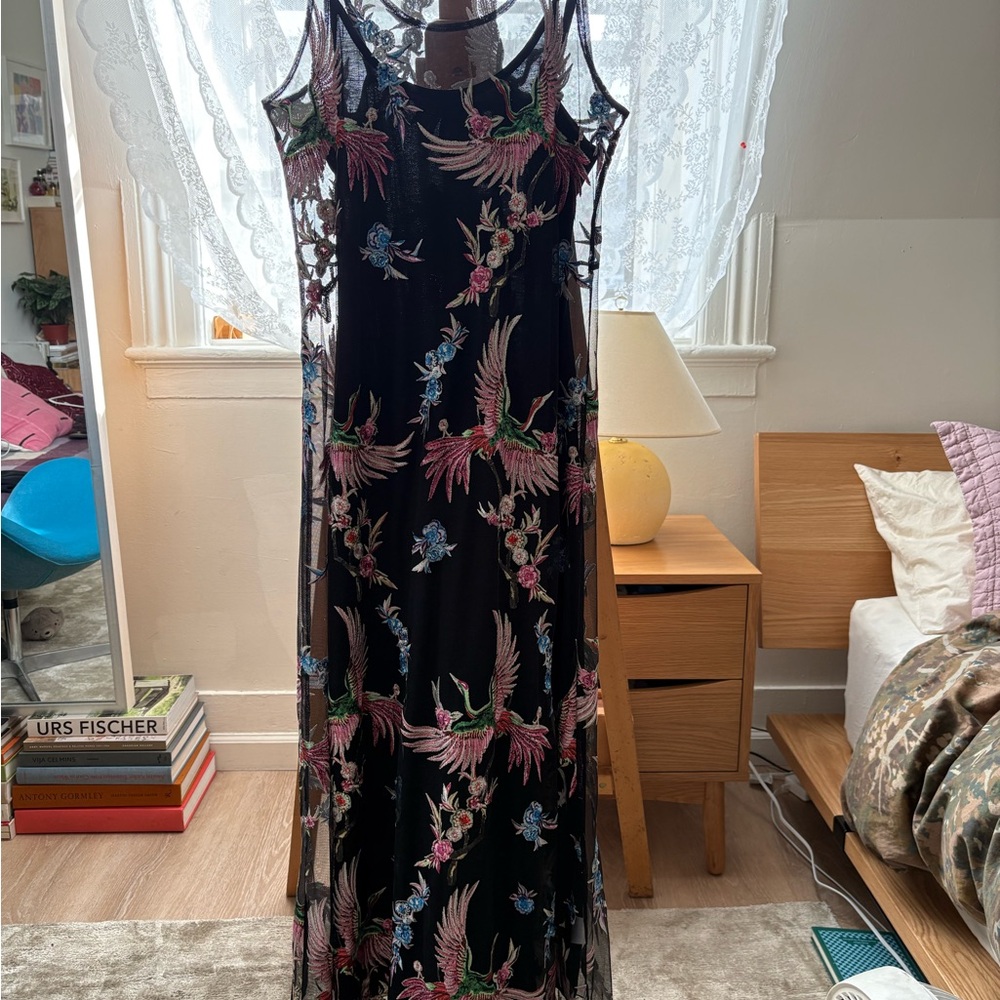 Johnny Was Black Maxi Dress with Multicolor Embroidery